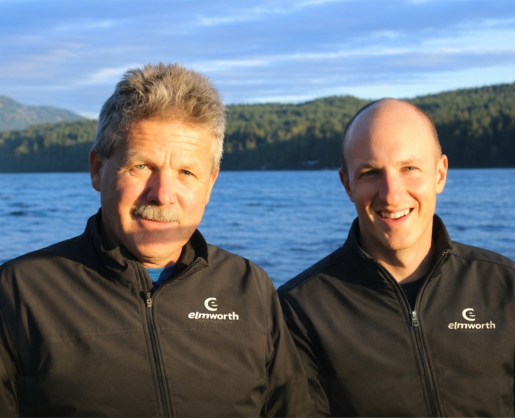Bruce Muir and Mike Swanston together with Maple Bay ocean background