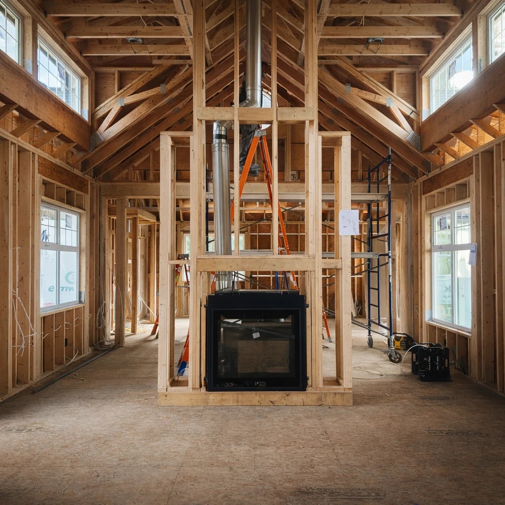 framed living room interior; construction in progress